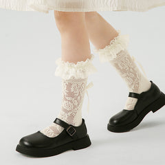 Sweetnana Children's Lace Cuff Crew Socks: Hollow Pattern with Heel Bow Design, Mesh Thin Socks, Comfort and Breathable.