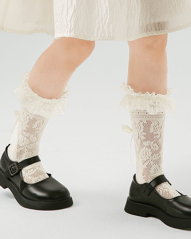 Children Lace Cuff Crew Socks Hollow Pattern Heel Bow Mesh Thin Breathable