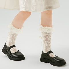 Sweetnana Children's Lace Cuff Crew Socks: Hollow Pattern with Heel Bow Design, Mesh Thin Socks, Comfort and Breathable.