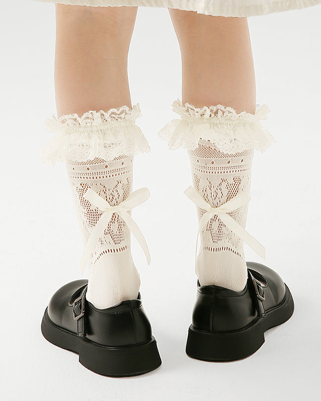 Children Lace Cuff Crew Socks Hollow Pattern Heel Bow Mesh Thin Breathable