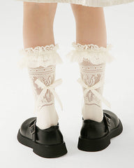 Sweetnana Children's Lace Cuff Crew Socks: Hollow Pattern with Heel Bow Design, Mesh Thin Socks, Comfort and Breathable.