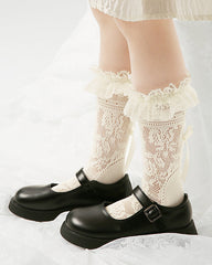 Sweetnana Children's Lace Cuff Crew Socks: Hollow Pattern with Heel Bow Design, Mesh Thin Socks, Comfort and Breathable.