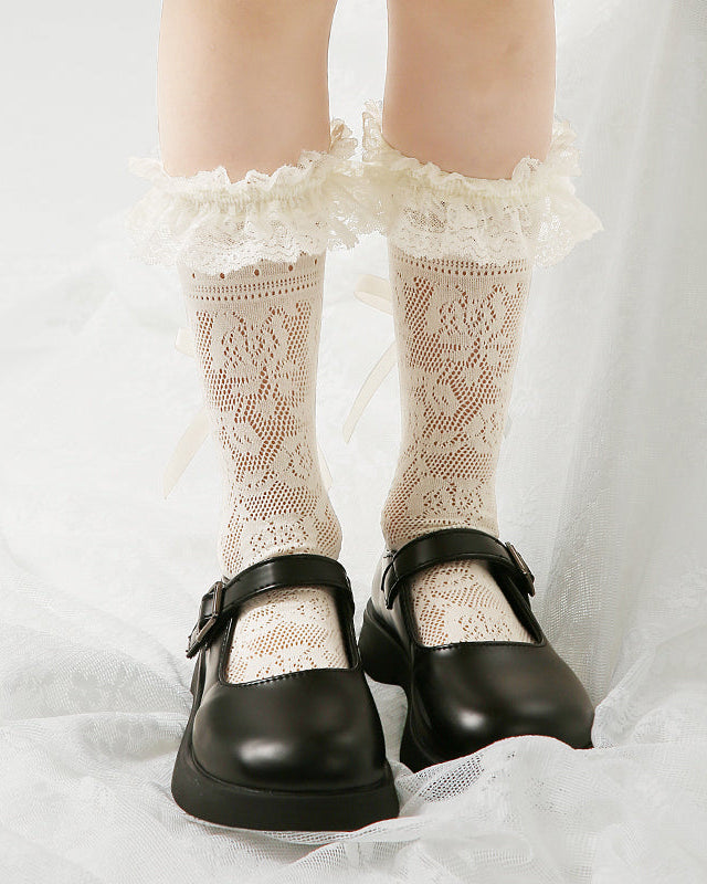 Children Lace Cuff Crew Socks Hollow Pattern Heel Bow Mesh Thin Breathable