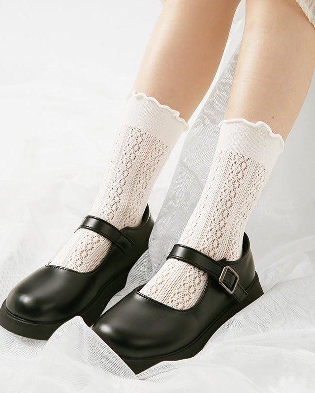 Children Mesh Cotton Crew Socks Hollow Pattern Crimping Cuff Thin Breathable