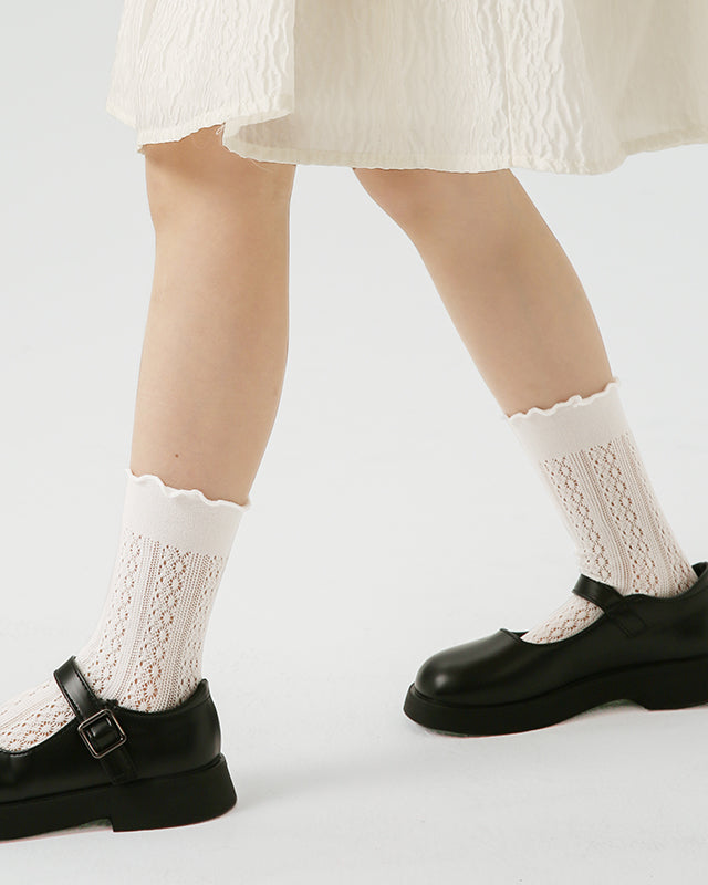 Children Mesh Cotton Crew Socks Hollow Pattern Crimping Cuff Thin Breathable