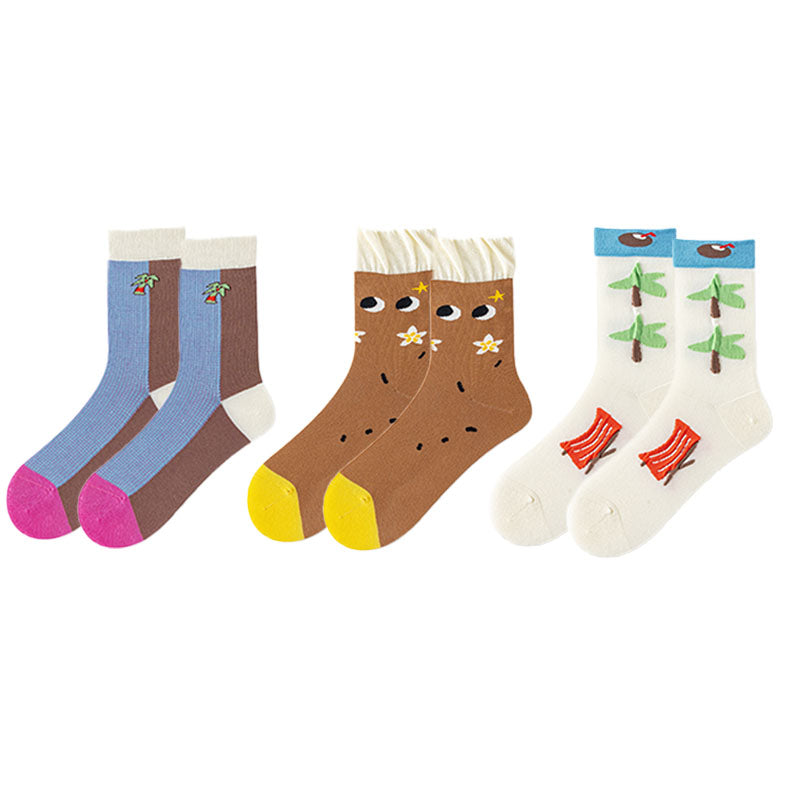 Women's Cotton Crew Socks Coconut Tree Series Cute Fashionable Kawaii