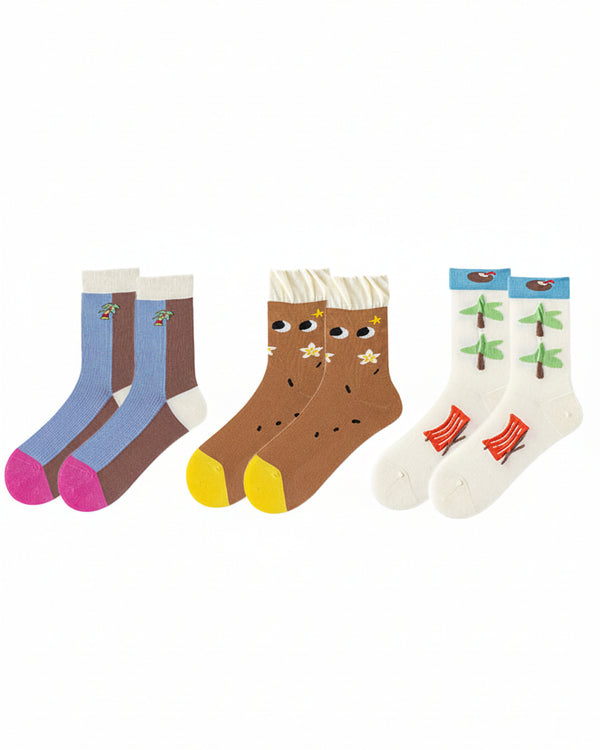 3-Pack Women Cotton Crew Socks Coconut Tree Series Cute Fashionable - SWEET NANA