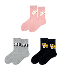 Sweetnana 3-Pack Women's Cozy Seamless Socks, Cute Cartoon Animal Pattern with 3D Tail, Cotton Crew Socks.