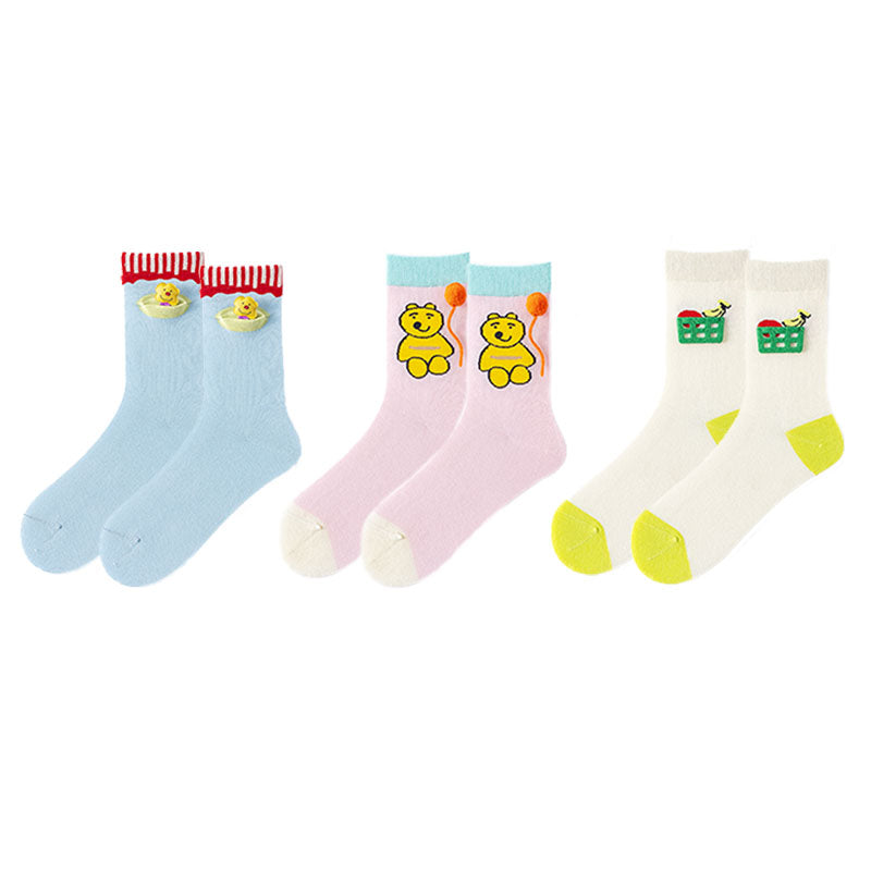 3-Pack Women's Cotton Crew Socks Flower Cones Kawaii Cute Casual