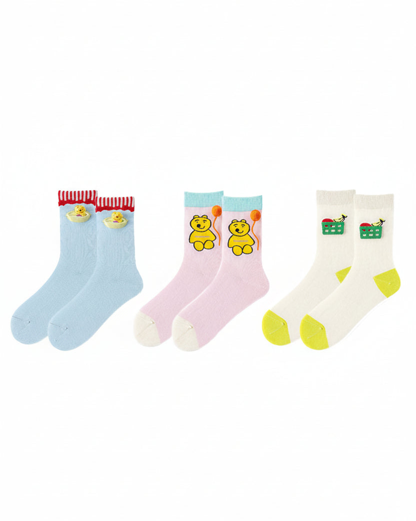 3-Pack Women Cotton Crew Socks Flower Cones Kawaii Cute Casual - SWEET NANA