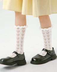 Sweetnana Elegant Children's Crew Socks: Princess Style Socks with Hollow Love Pattern and Cuff Crimping Design, Breathable and Comfort, Thin Trendy Socks.