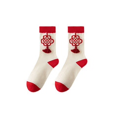 Sweetnana Festive Chinese Knot Jewelry Socks Simple Bright Red Sweat-Absorbent Crew Socks Non-Slip New Year Red Socks