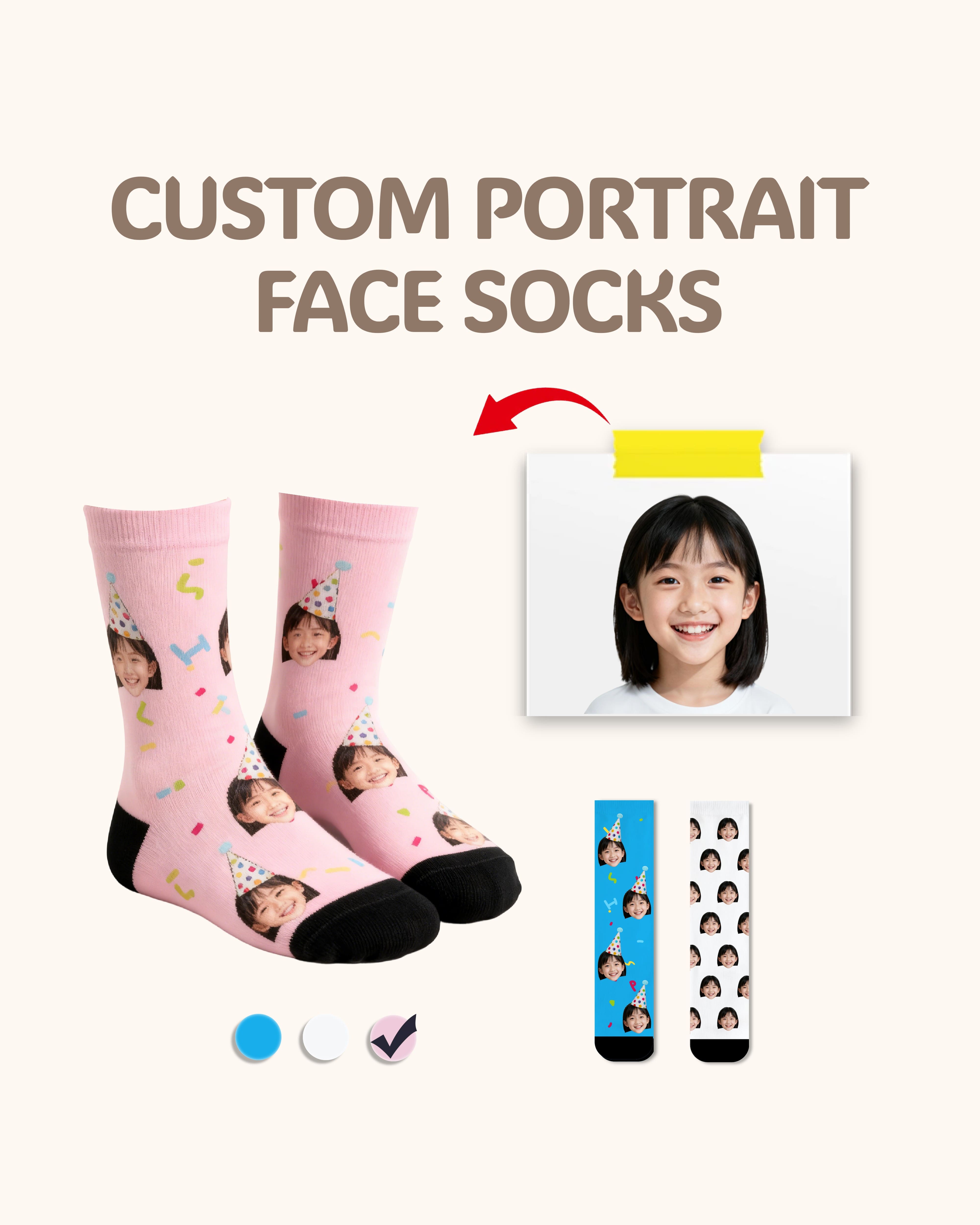 Kids Custom Portrait Face Crew Socks Personalized Photo Socks Gift Black Toe - SWEET NANA Main image