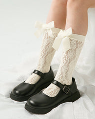 Sweetnana Lace and Bow-Knot Design Seamless Socks: Thin Hollow Crew Socks for Spring/Summer, Breathable, Sweet.