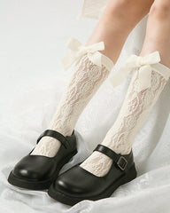 Sweetnana Lace and Bow-Knot Design Seamless Socks: Thin Hollow Crew Socks for Spring/Summer, Breathable, Sweet.