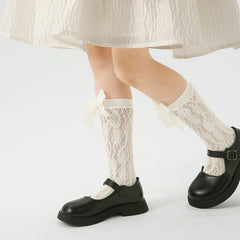 Sweetnana Lace and Bow-Knot Design Seamless Socks: Thin Hollow Crew Socks for Spring/Summer, Breathable, Sweet.