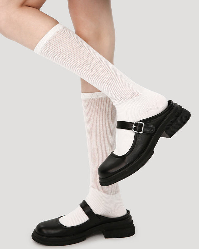 Women's Lolita Cotton Knee High Socks Seamless Cutout Stripe Mesh Breathable
