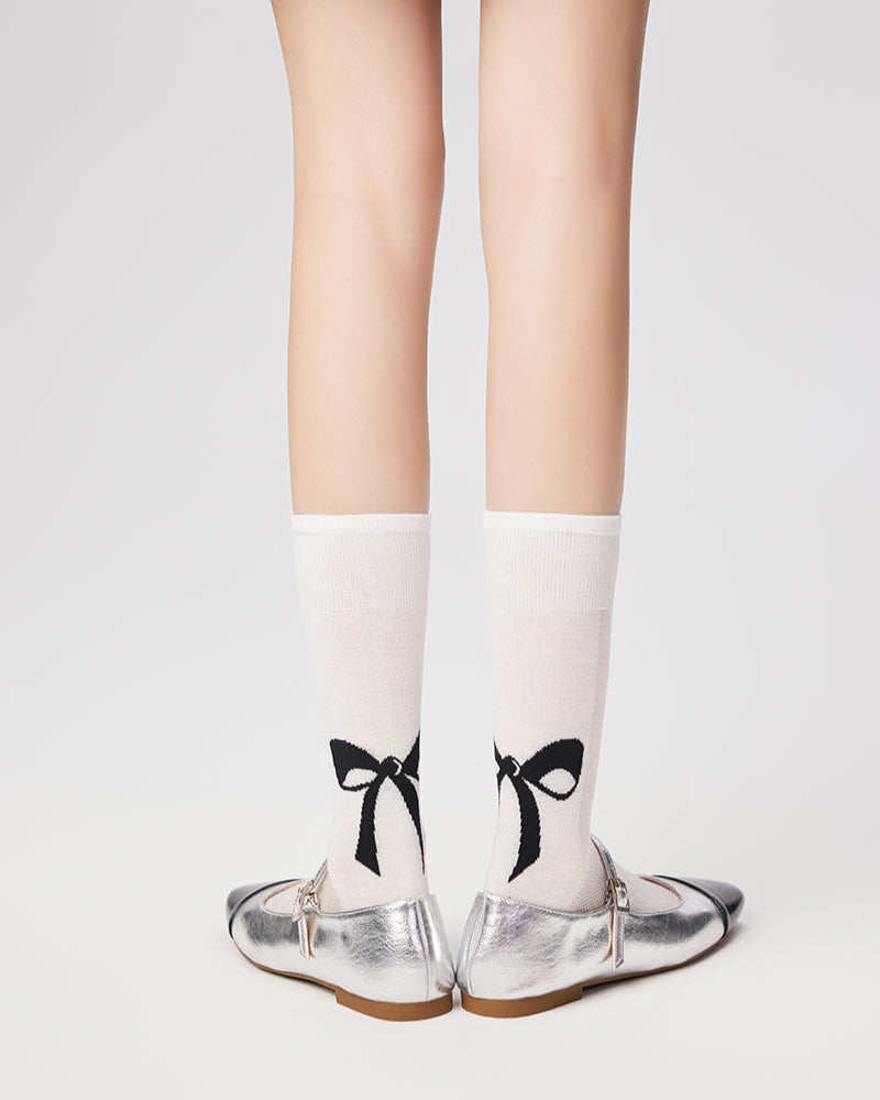 Slouch Socks with Bow Print Crew Socks Ballet Style Thin Cotton - SWEET NANA