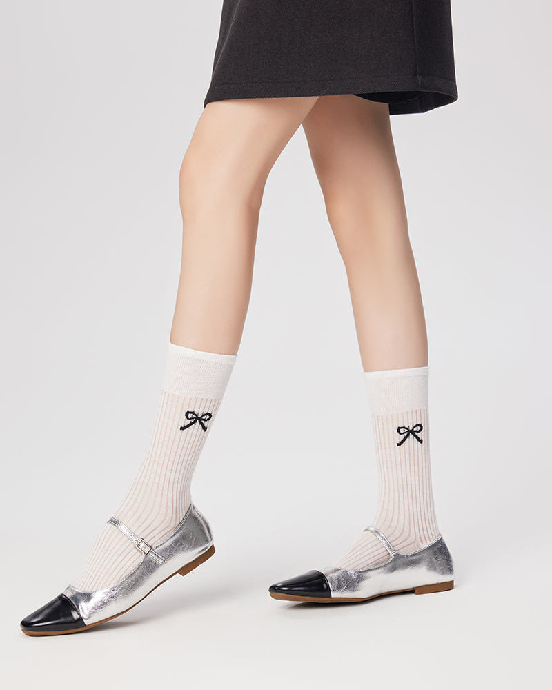 Slouch Socks with Bow Print Crew Socks Ballet Style Thin Cotton - SWEET NANA