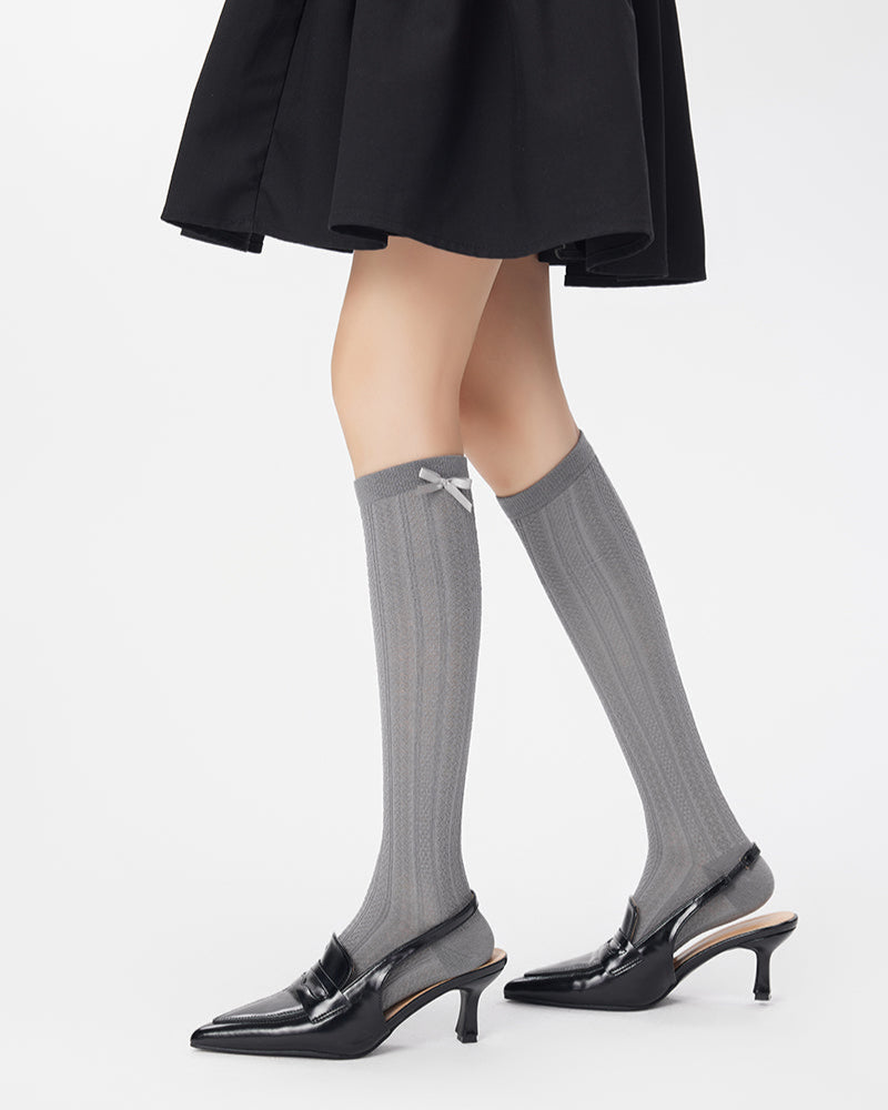 Solid Bow Socks Women's Knee High Thin Breathable Socks