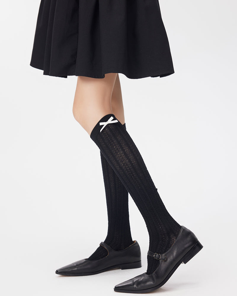 Solid Bow Socks Women's Knee High Thin Breathable Socks