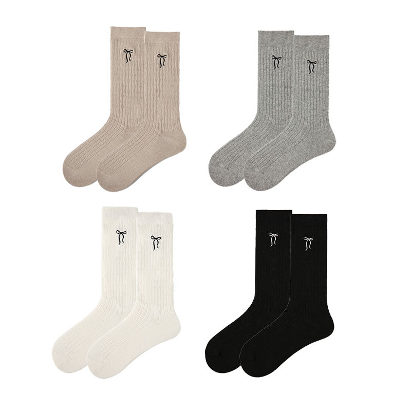 Solid Color Bow Embroidery Women's Crew Socks Cozy Seamless