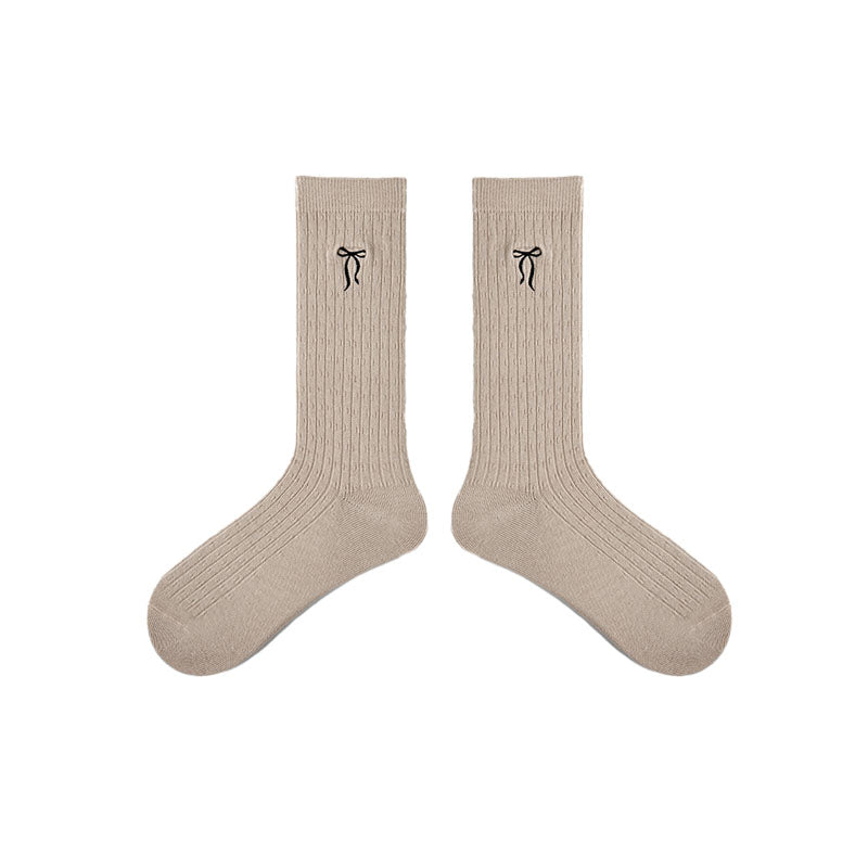 Solid Color Bow Embroidery Women's Crew Socks Cozy Seamless
