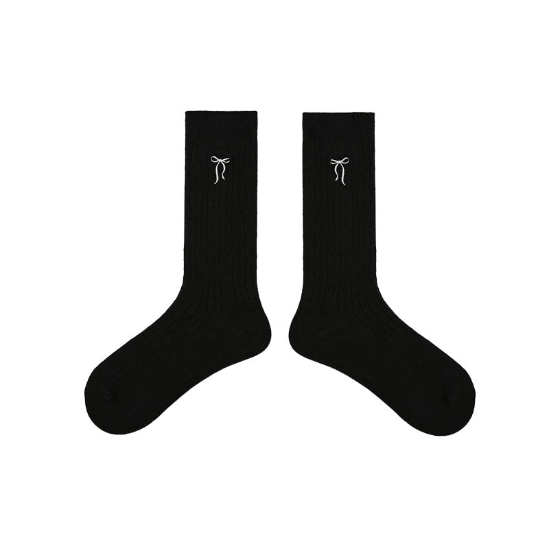 Solid Color Bow Embroidery Women's Crew Socks Cozy Seamless