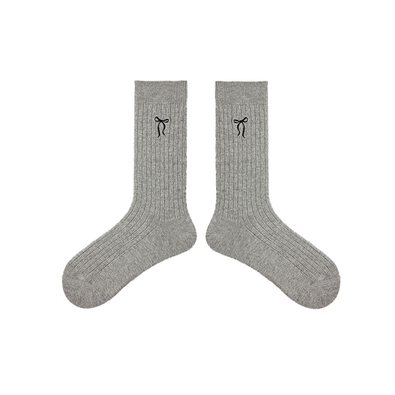 Solid Color Bow Embroidery Women's Crew Socks Cozy Seamless