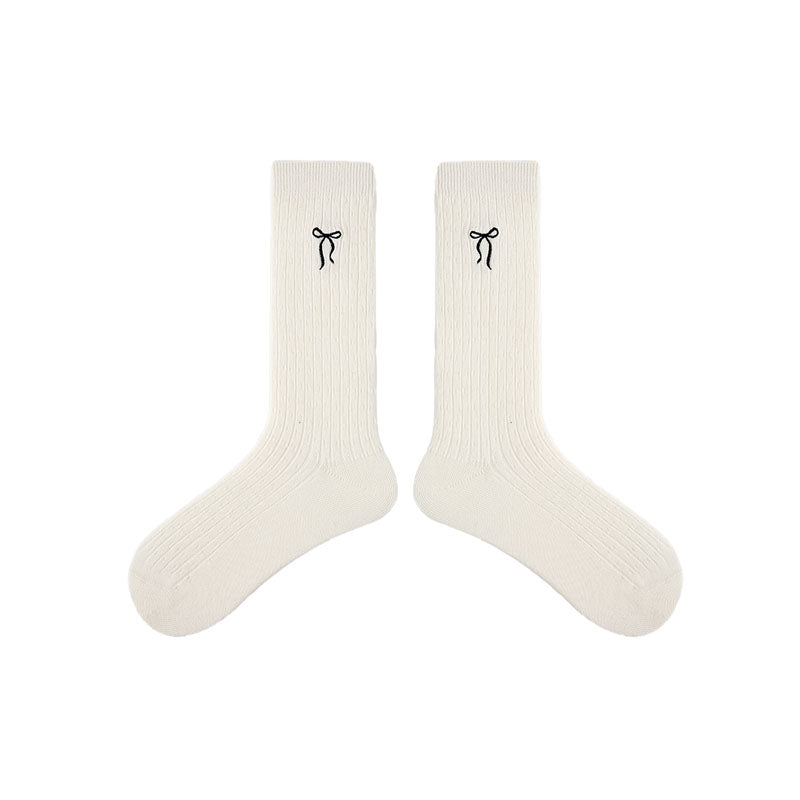 Solid Color Bow Embroidery Women's Crew Socks Cozy Seamless