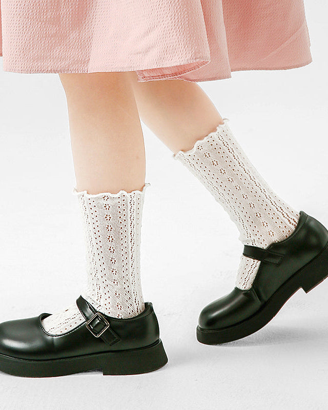 子供用レディライクメッシュコットンクルーソックス ホローパターン シームレス 薄手