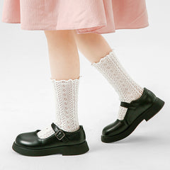 Sweetnana Spring/Summer Children's Ladylike Style Mesh Seamless Socks: Thin Crew socks Design with Crimping Cuff and Hollow Pattern, Breathable.