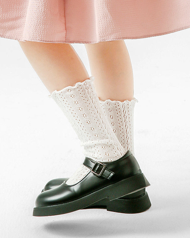 子供用レディライクメッシュコットンクルーソックス ホローパターン シームレス 薄手