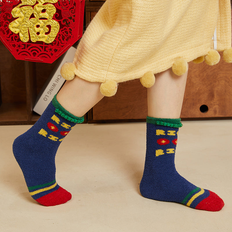 Sweetnana 冬季柔軟加厚襪子，適合女性和兒童，可愛有趣的新年襪子，筒襪船襪