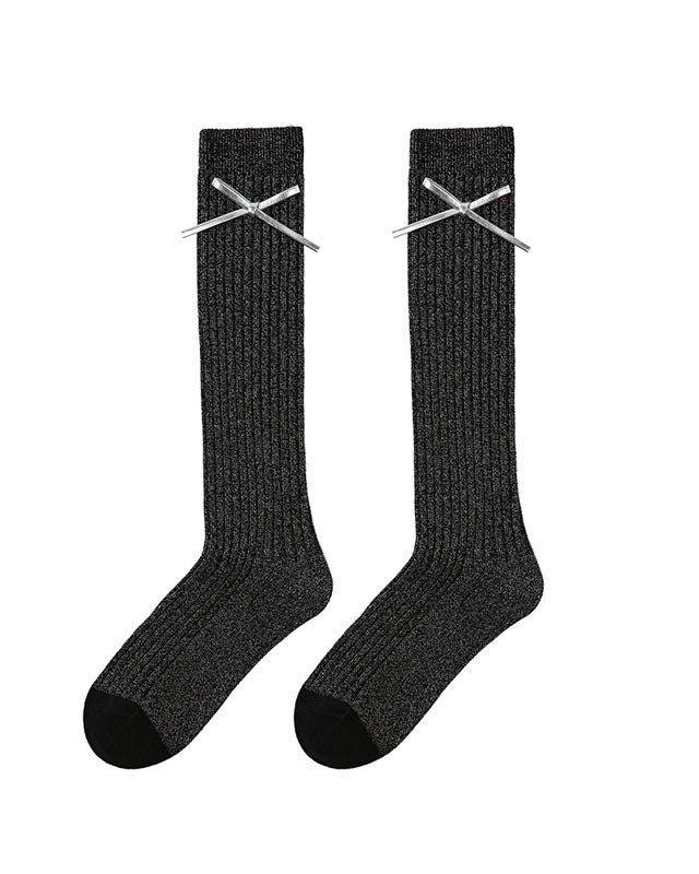 Women's Cotton Knee High Socks Casual Solid with Bow Trendy Cozy