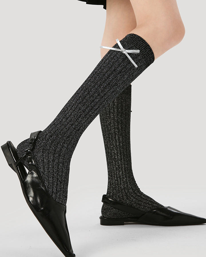 Women's Cotton Knee High Socks Casual Solid with Bow Trendy Cozy
