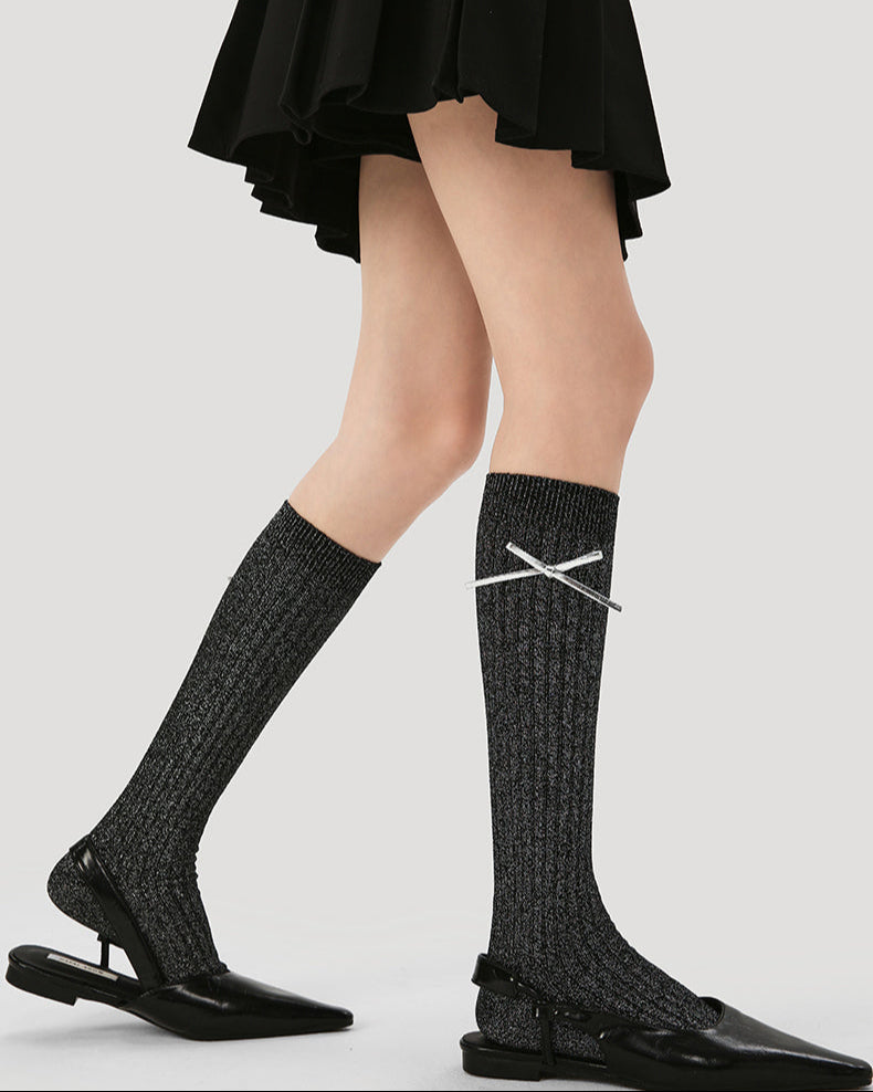 Women's Cotton Knee High Socks Casual Solid with Bow Trendy Cozy