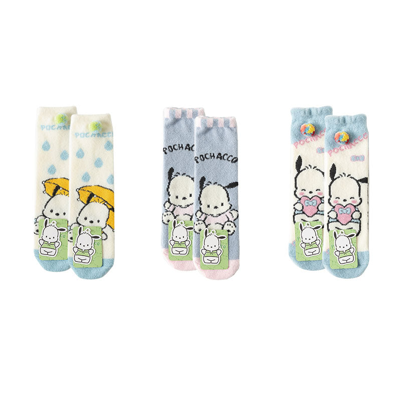 3-Pack Sweetnana Lovely Sanrio Series Cozy Crew Socks - Women's Warm Soft Winter Tube Socks with Sanrio Cartoon Characters.