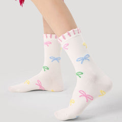 Sweetnana Women's Crew Cotton Socks, Colorful Bow Pattern Seamless Socks, Cute and Sweet Ballet Style Socks