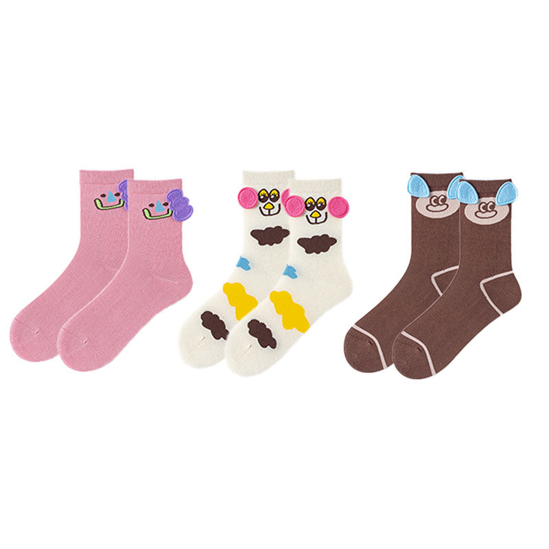 3-Pack Women's Cotton Crew Socks Zoo Party Kawaii Cute Casual
