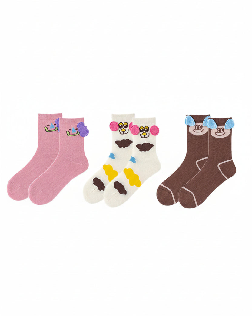 3-Pack Women Cotton Crew Socks Zoo Party Kawaii Cute Casual - SWEET NANA