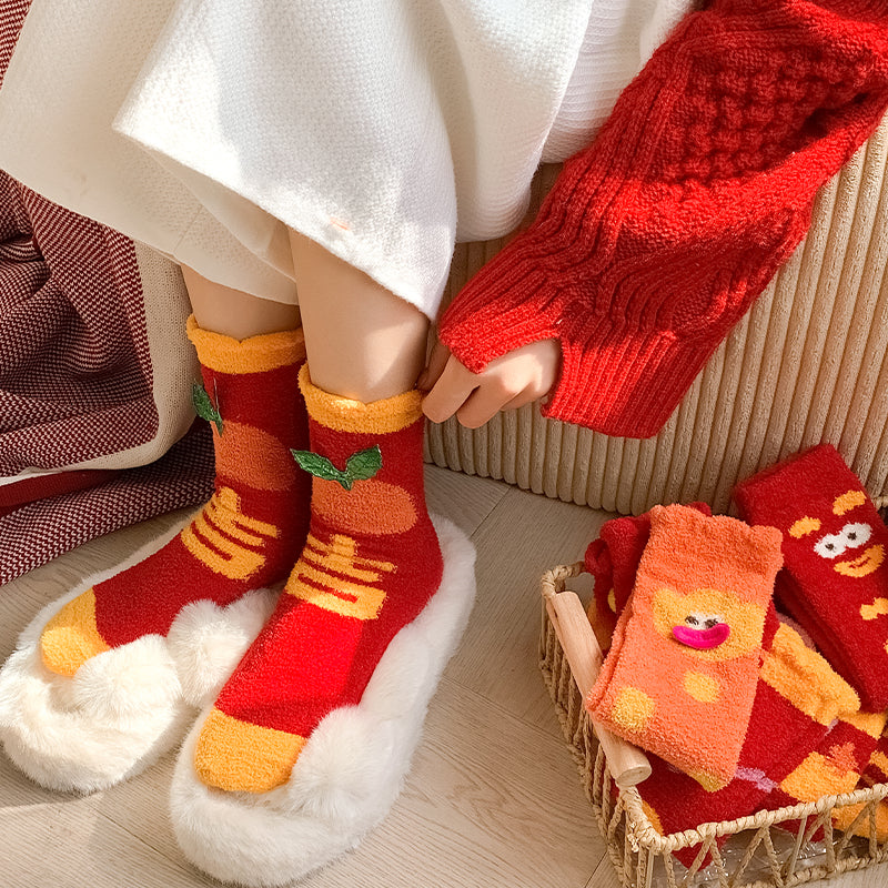 Sweetnana 新年フェスティブソックス レディース ふわふわで快適なソックス 暖かく柔らかい冬のふわふわソックス マイクロファイバー クルーソックス