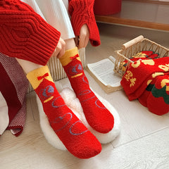 レディース フェスティブ 新年 ふわふわ クルー ソックス 暖かい 柔らかい もこもこ 快適 マイクロファイバー ソックス