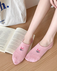Sweetnana 4-Pack Women's No Show Socks Cotton Low Cut Non Slip Casual Pink Series Socks Fun Animal Embroidery Spring Summer Thin Breathable Invisible Socks