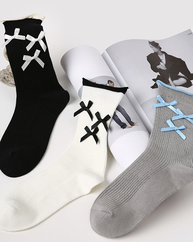 Women Ruffle Bow Sweet Ballet Style Seamless Crew Cotton Socks
