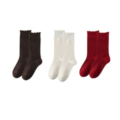 Sweetnana 3-Pack Solid Ruffle Wool Socks for Women Frilly Crew Socks Cotton Seamless Socks