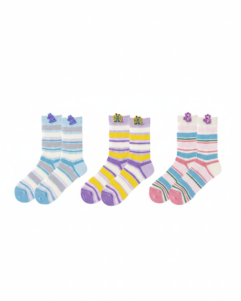 3-Pack Women Cotton Crew Socks Thin Cute Stripe Casual Versatile - SWEET NANA