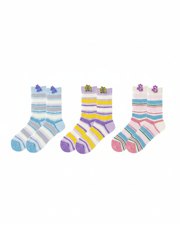 3-Pack Women Cotton Crew Socks Thin Cute Stripe Casual Versatile - SWEET NANA