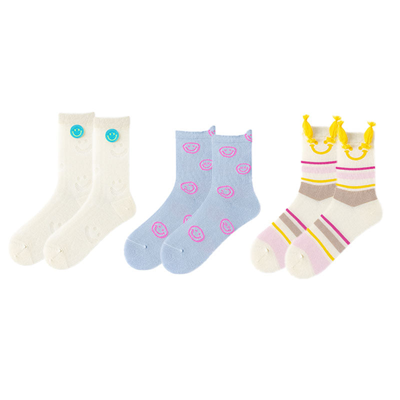 3-Pack Keep Smiling Women Cotton Crew Socks Cute Casual - SWEET NANA