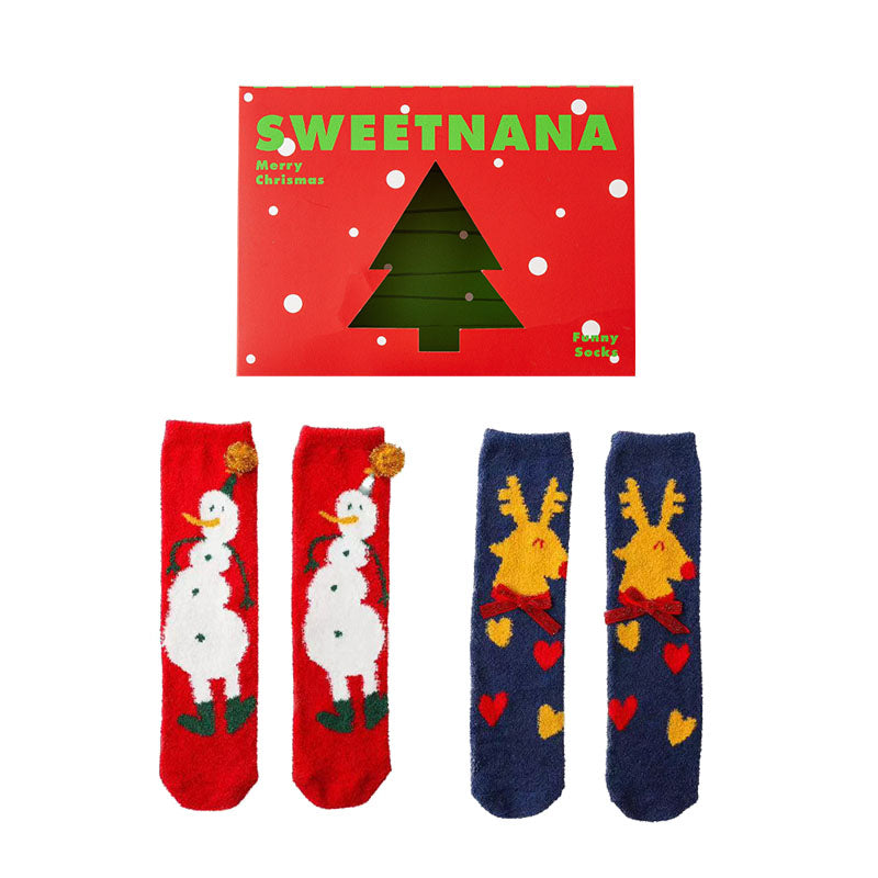 Sweetnana 2パック クリスマス ギフト ソックス クルー チューブ ソックス ホリデー ストッキング, 女性用 ふわふわ ソックス 冬 暖かい 快適 ふわふわ 超ソフト スリッパ ソックス。